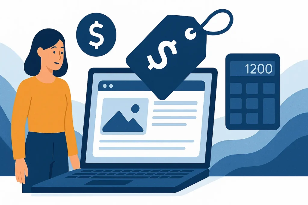 Mujer frente a laptop y calculadora Precios de Diseño y Posicionamient Web en Colombia